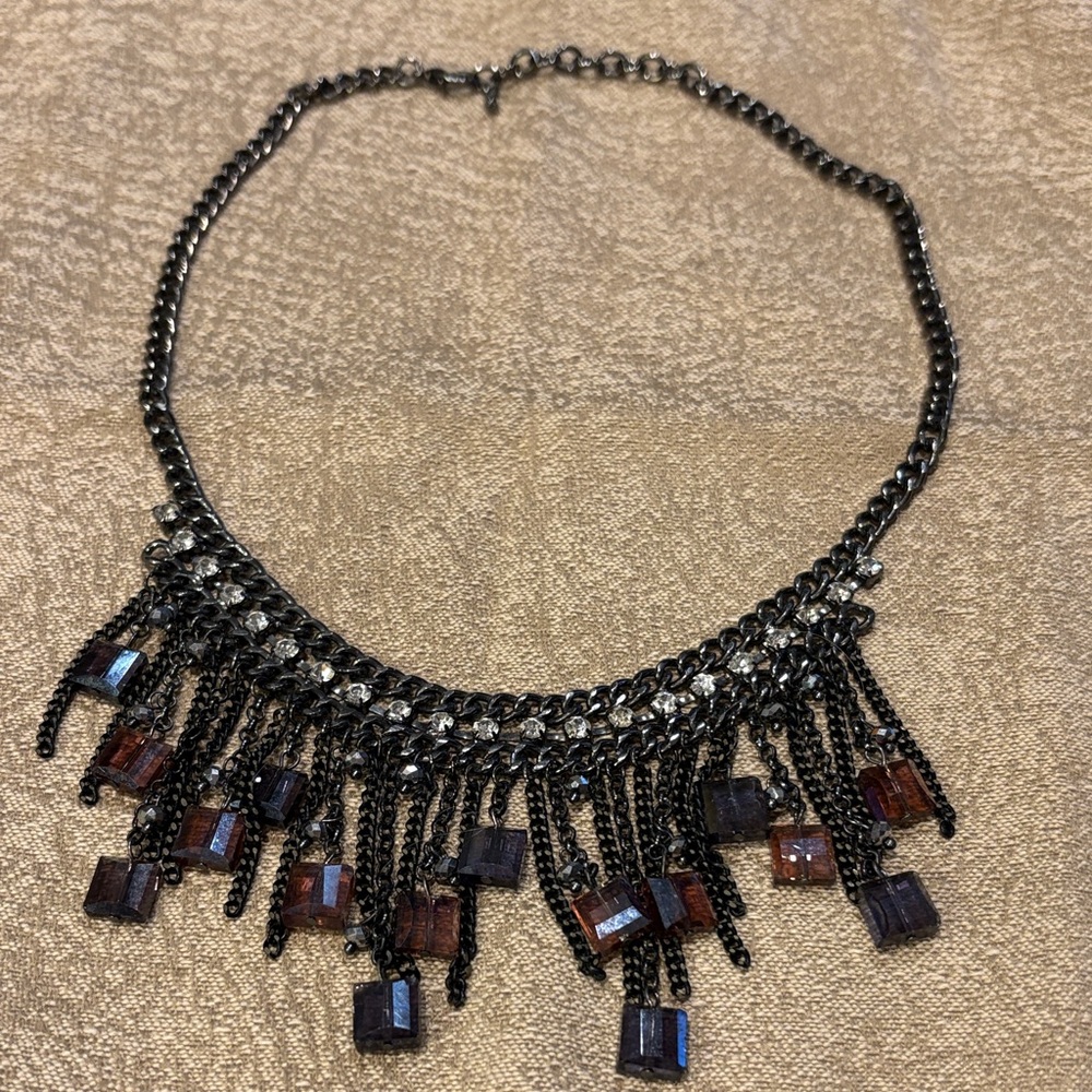 Edgy Pink and Purple Glass Crystal Beaded Black Metal Statement Necklace